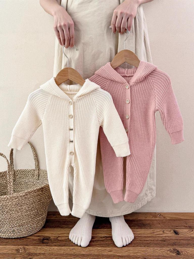 Корейский стиль Унисекс Детский ромпер с капюшоном с ушками кролика - Осенне-зимний хлопковый костюм