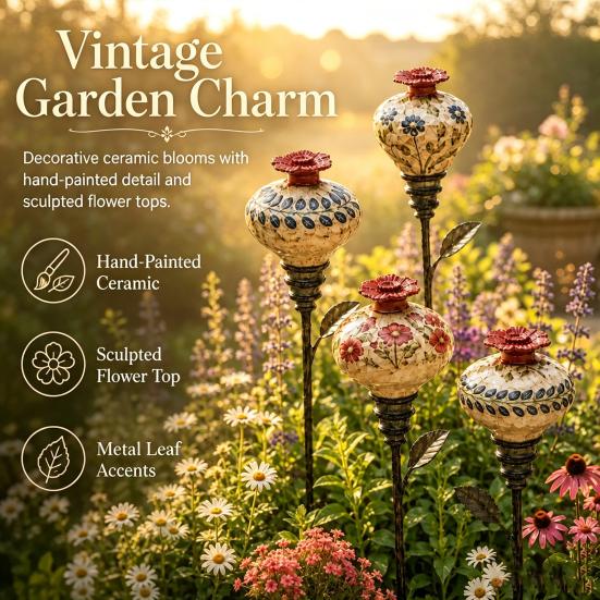 Colorful Flower Shaped Feeder Hummingbird Garden Stake, Vintage Ceramic Feeder, Feeding Port, Bed Decorative Accent Nectar for Outdoor Backyard