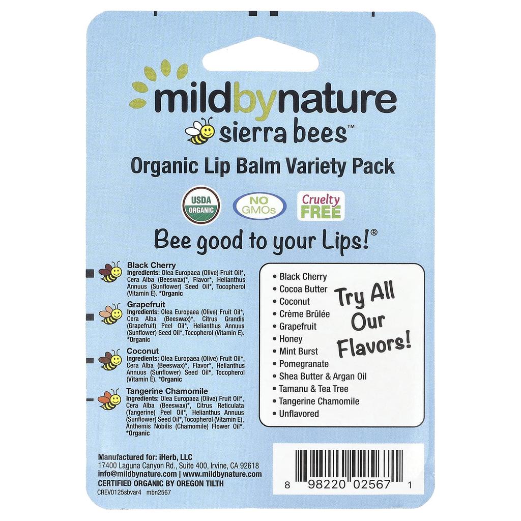 Mild By Nature Sierra Bees™, Органический бальзам для губ, Набор ассорти, 4 штуки, 4,25 г (0,15 унции) Каждый