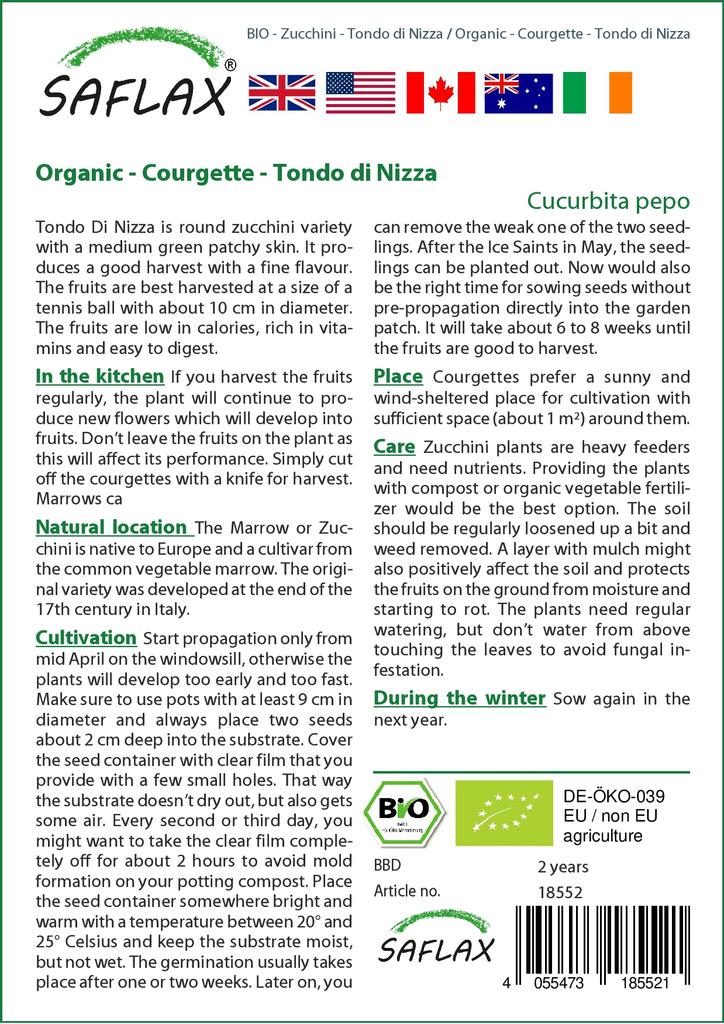 SAFLAX Garden in the Bag - Органический - Кабачок - Tondo di Nizza - 5 семян - С субстратом в подходящем пакете-стойке - Cucurbita pepo