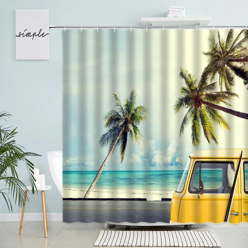 Summer Ocean Beach Camping Surf Shower Curtain Palm Trees Travel Bus Surfboard Pattern Polyester Fabric Bathroom Decor Hooks