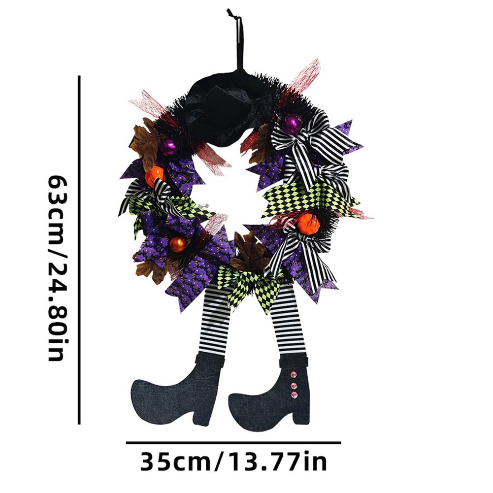Halloween Black Wreath with Hat Witches Legs Pumpkin Long Legged Wicked Witch Wreath Front Door Garlands for Party Decor