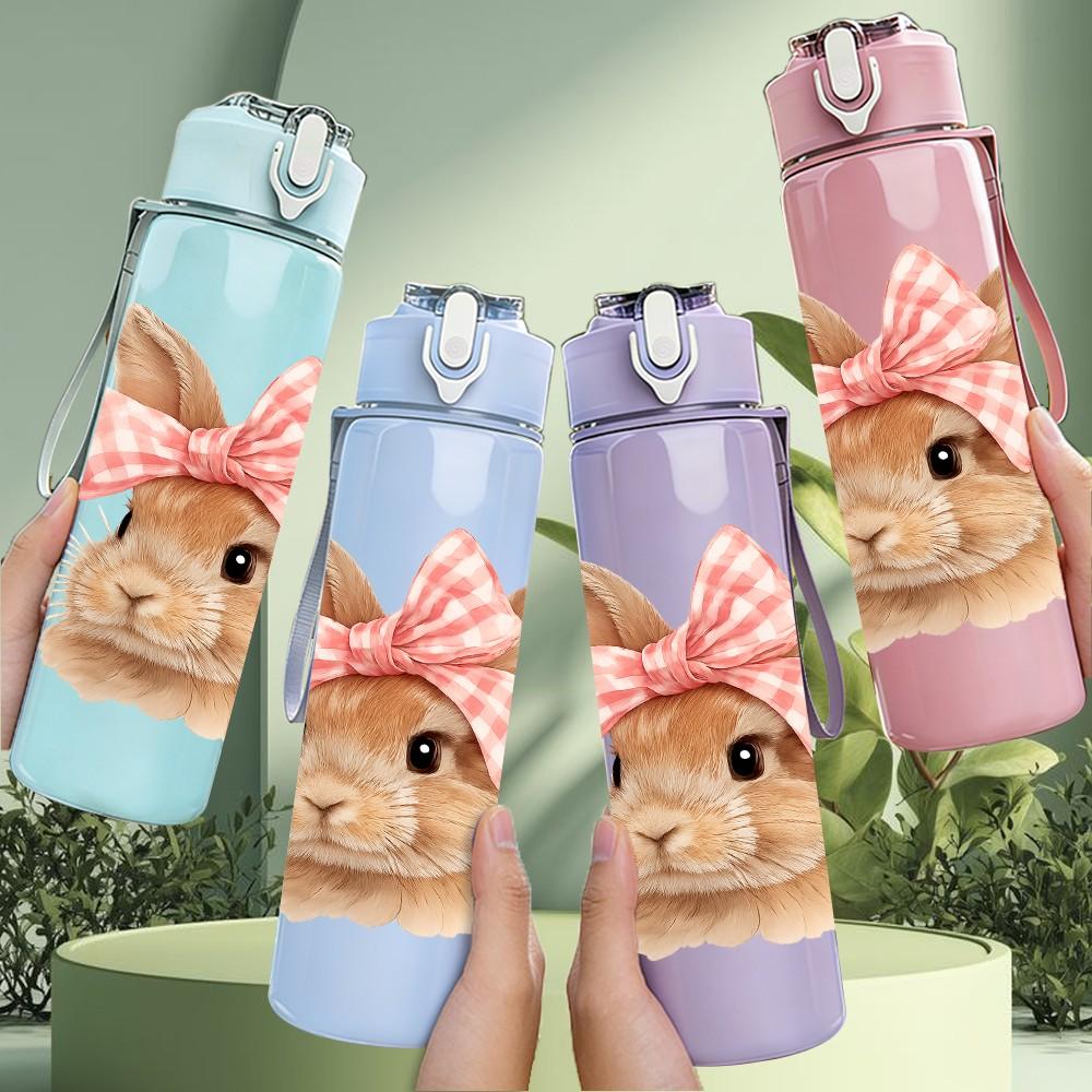 1PC Big Bow Easter Bunny 750ml Color Plastic Sports Water Bottle Leakproof Flip Straw Lid Suitable for Sports Office Home Use