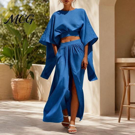 Solid Color Women Set Summer 2 Piece Outfits, Batwing Half Sleeve Crop Top Casual Outfit And High Slit Maxi Skirt Travel Vacation Matching Sets Spring
