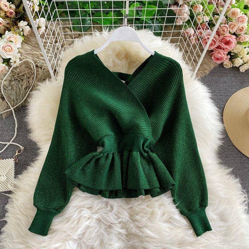 RUGOD Весенний новый яркий шелковый вязаный топ с v-образным вырезом и длинными рукавами, модный темпераментный короткий универсальный топ с тонкой спинкой и длинным рукавом