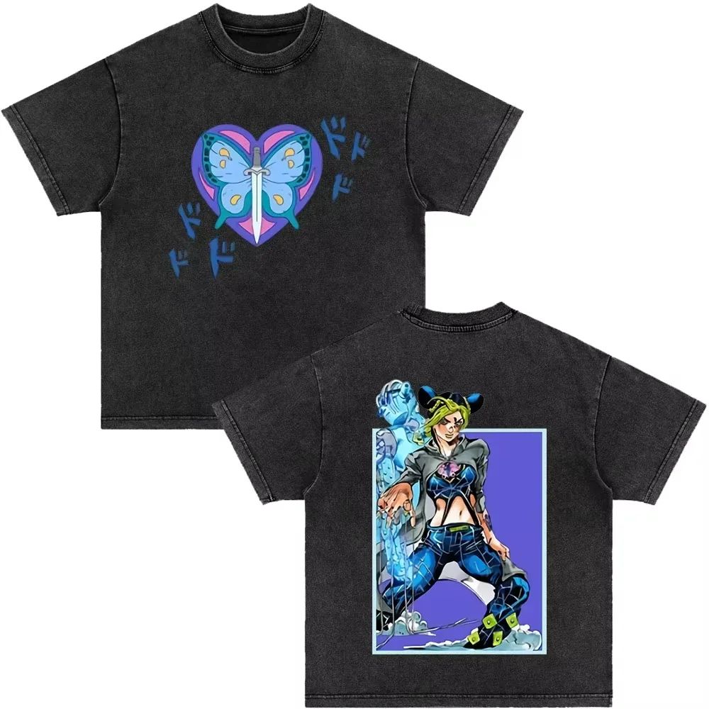 Japanese Anime Jojo Bizarre Adventure Vintage Washed T-Shirt Killer Queen Graphic T Shirts Men Women Cosplay Oversized T-shirt
