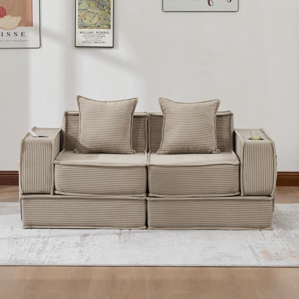 Double Sleeper Sofa with Two-Seater Fabric Sofa and Two Cushions. Decorative Footstool with Side Storage and Drink Holders.
