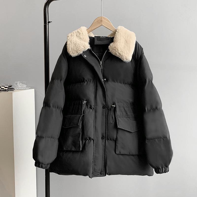 Women Autumn Winter Imitation Rabbit Hair Slim Cotton Coat Lapel Neck Solid Color Drawstring Padded Jacket