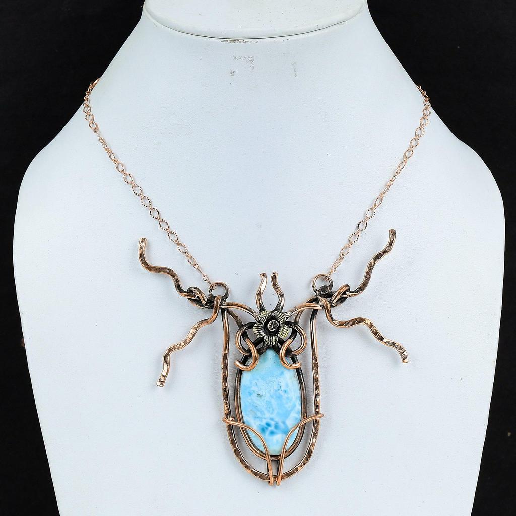 Larimar Necklace Copper Wire Wrapped Gemstone Necklace Copper Handmade Jewelry Adjustable Chain Necklace Gifts For Her Real Larimar Jewelry