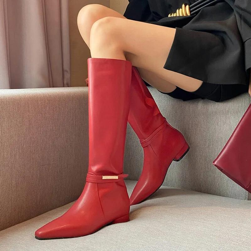 Fashion New Solid Color Cowhide 2.5cm Low Heel Knee High Boots Autumn Winter Fashion Warm Plush Red Black Spicy Girl Women Boots 34-43