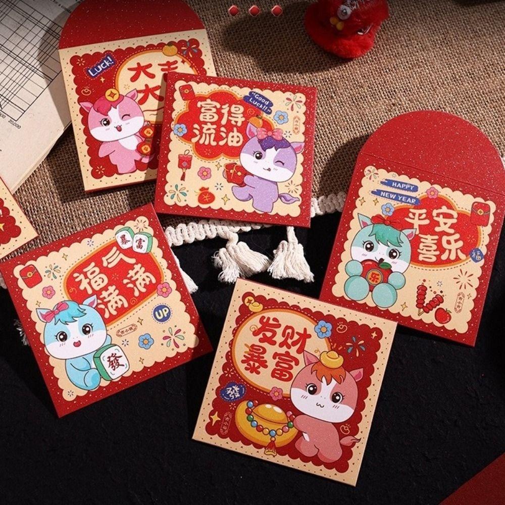 6Pcs Cartoon 2026 Horse Year Red Envelope Paper Red Pocket Cute Lucky Money Bag  Lunar New Year