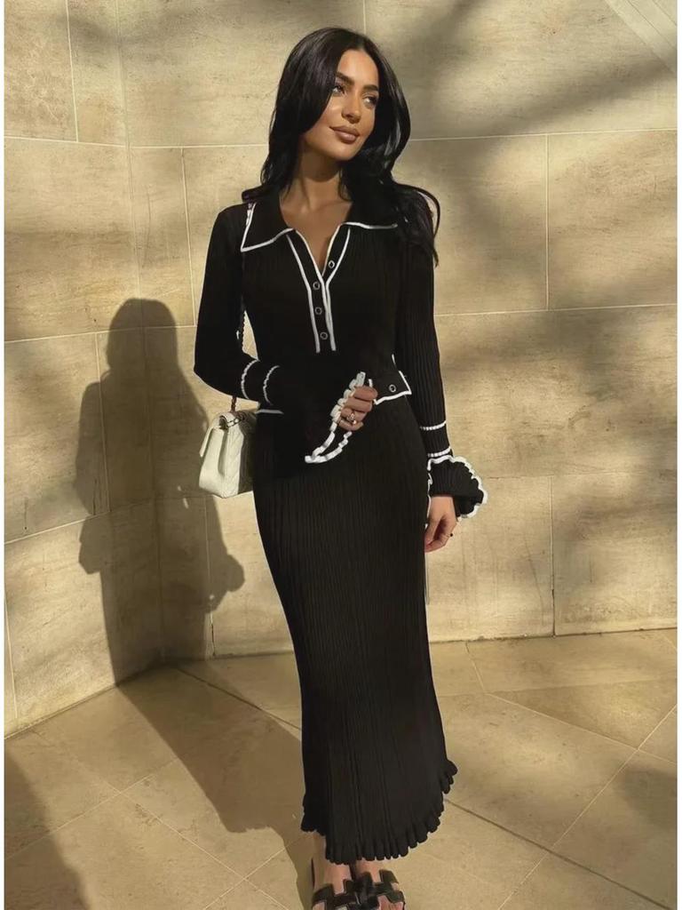 Платье-свитер с оборками в европейском и американском стиле 2025 года — роскошное платье-миди с французскими лацканами на осень/зиму