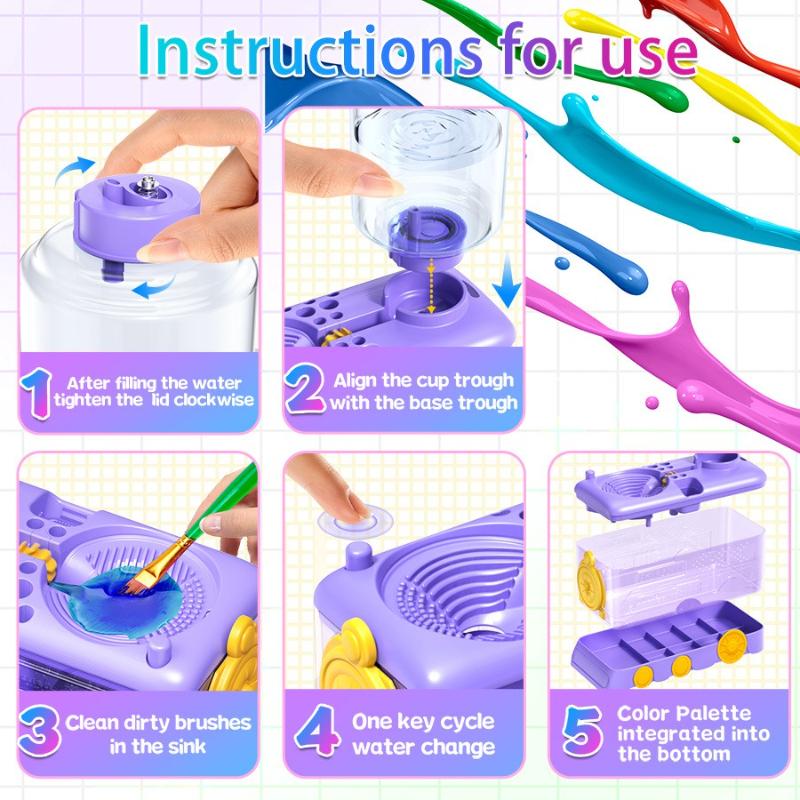 Cartoon-Style Paint Brush Rinse Holder Water-Circulating Hair Brush Cleaner for Art Watercolor Painting Supplies