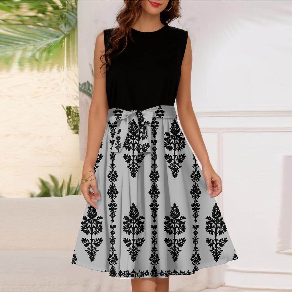 Женское модное повседневное короткое платье без рукавов со шнуровкой и круглым вырезом