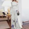 Autumn 2022 European & American Fashion Print Off-Shoulder Wide-Leg Jumpsuit with Slant Neck Long Sleeves