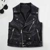 Women Vest Coat Faux Leather Smooth Surface Belt Decor Turn-down Collar Zip-up Sleeveless Zipper Pockets Retro