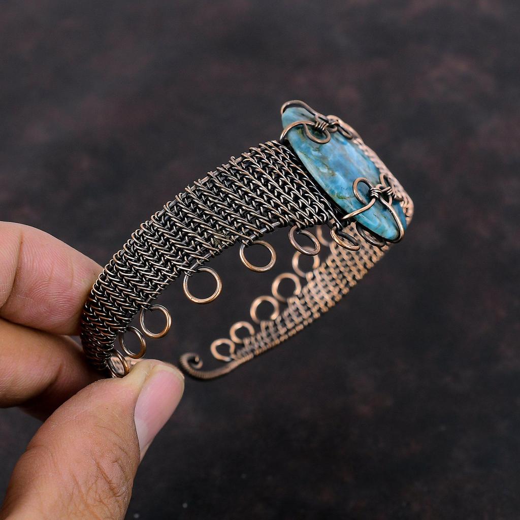 Неоновый апатит, драгоценный камень, браслет, медная проволока, браслет-манжета, браслет ручной работы, ювелирные изделия из медной проволоки, регулируемый браслет-манжета, подарок для матери