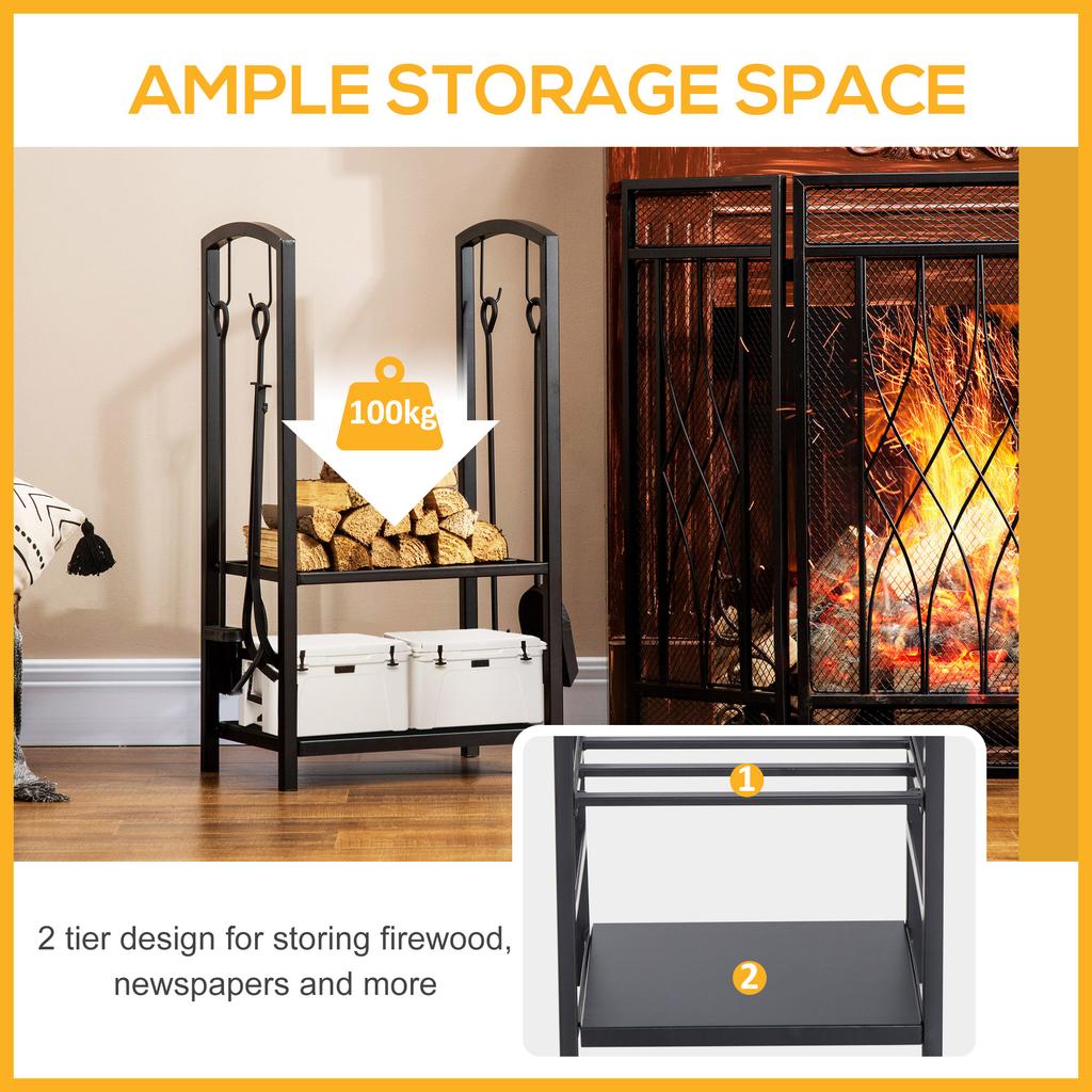 Metal Firewood Log Holder 2 Layer Firewood Rack Indoor Outdoor Fireplace Wood Storage Shelf With 4 Tools And Hooks Black 40L X 30W X 74.5H Cm
