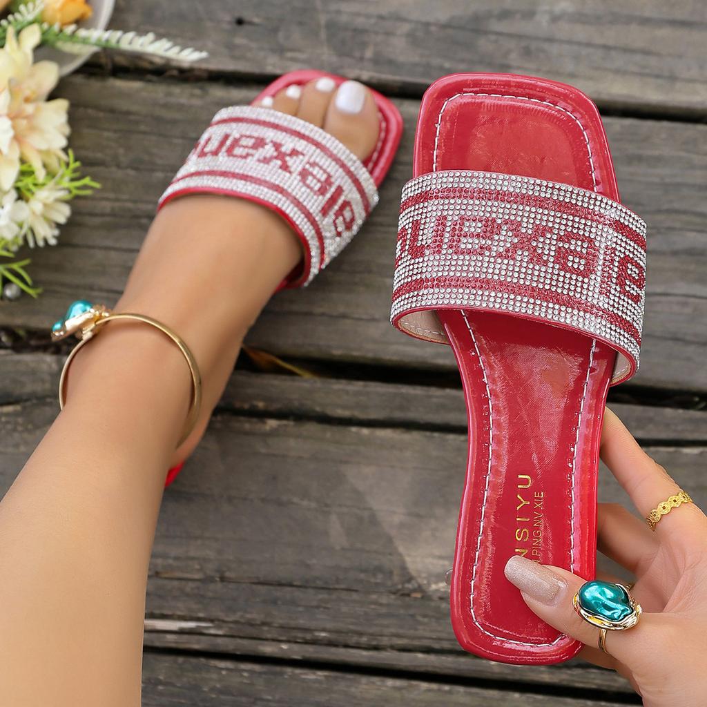 2025 direct sales 2025 new rhinestone one-word cool slippers embroidered D home thick heel slippers flat bottom cool slippers outer wear