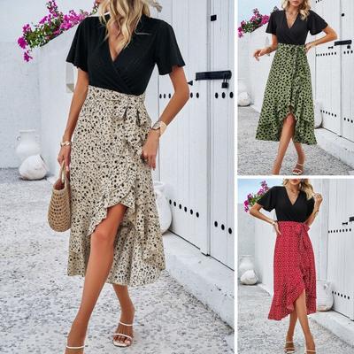 Женское миди-платье с оборками и неровным подолом, с коротким рукавом, V-образным вырезом, принтованное платье-запа́х