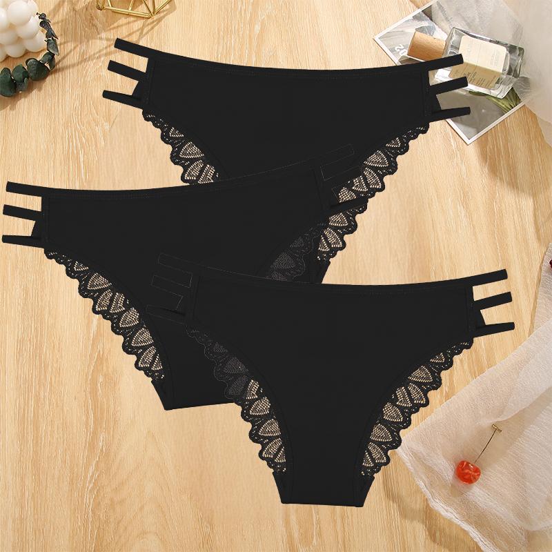 3Pcs Sexy Lady Style Transparent Lace Underwear Women's Straps Panties Seamless Perspective Briefs Low Waisted Triangle Pants