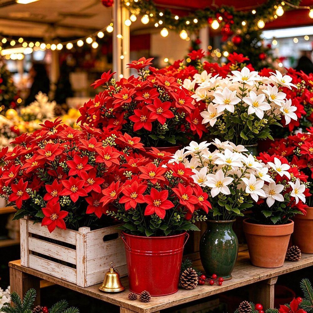 UV Resistant Artificial Poinsettia Bouquet 36cm Xmas Faux Poinsettia Fireplace