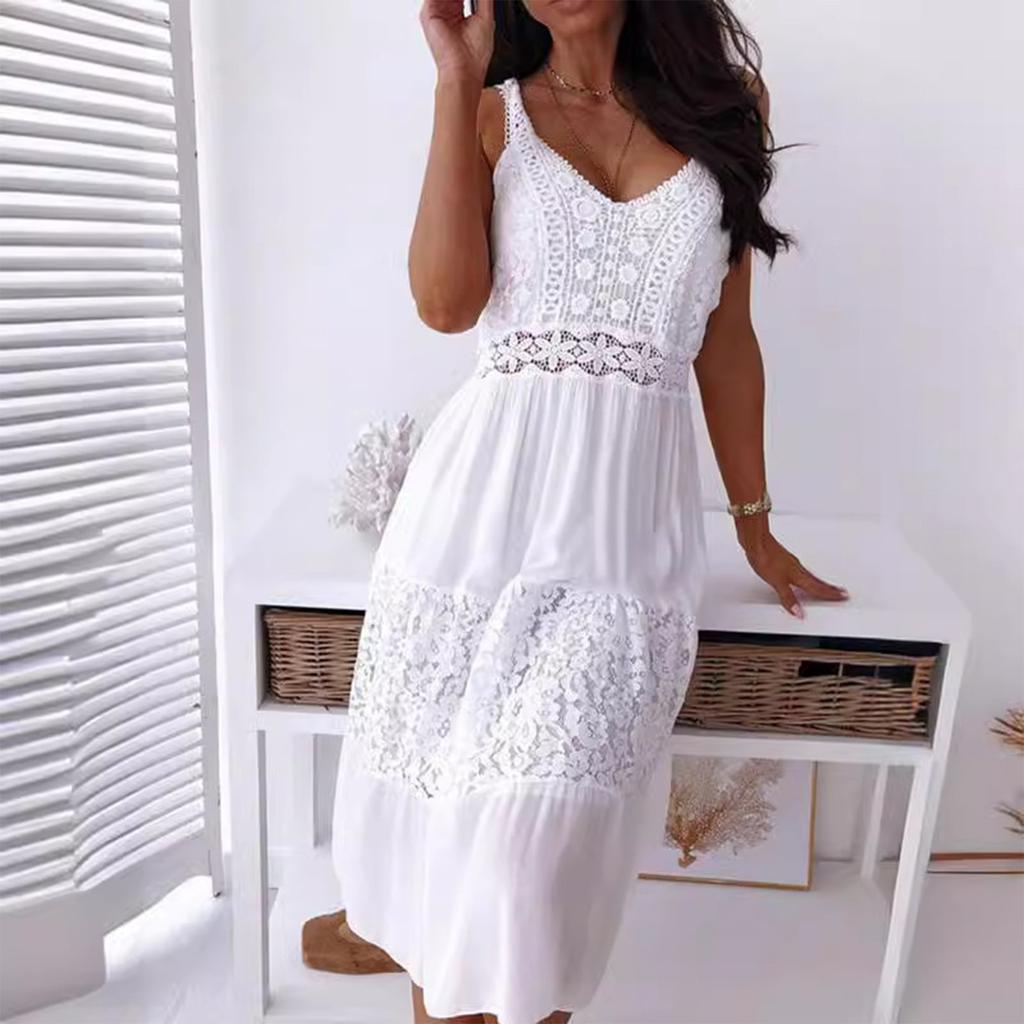 Женское кружевное пэчворк-пляжное платье с подтяжками