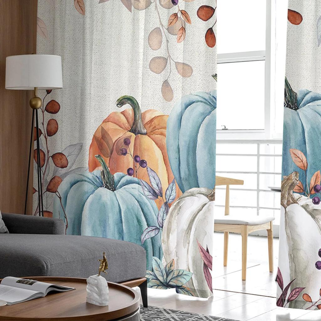 Autumn Thanksgiving Pumpkin Eucalyptus Leaves Window Curtains For Living Room Bedroom Kitchen Chiffon Sheer Window Treatment