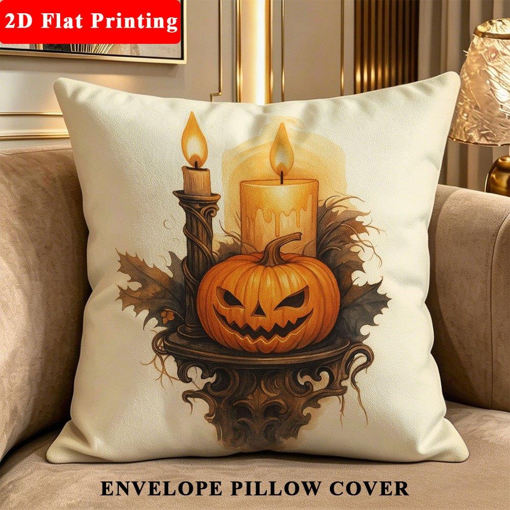 1pc Modern Style Pillow Cover, Vintage Halloween Jack-O'-Lantern Candle Decor Ultra Soft Polyester E