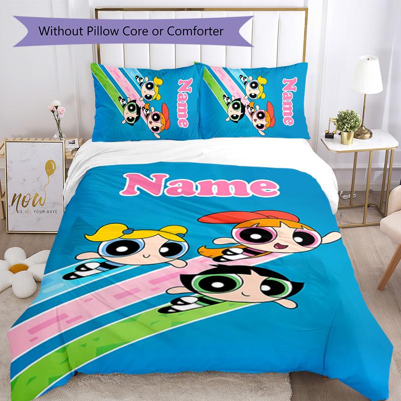 3pcs The Powerpuff Girls5 Cover Set - Personalized Name, HD Printed Bedding with 1 Cover and 2 Pillowcases - Perfect for Home Decor, Easy Care