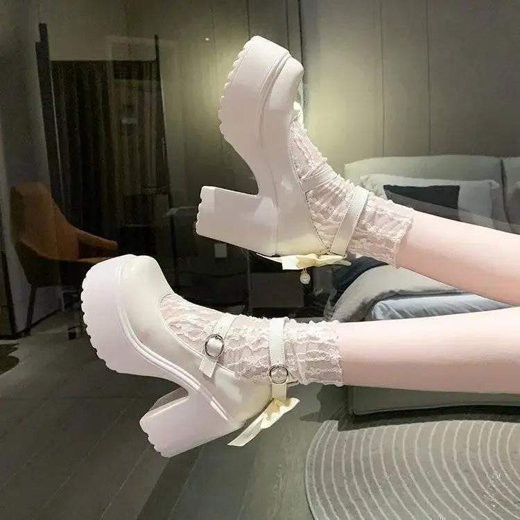 Fashion White High Heels Women's Shoes Summer New Style Platform Mary Janes Sweet Butterfly Knot 10cm Thick Heeled Female Loafers Pumps