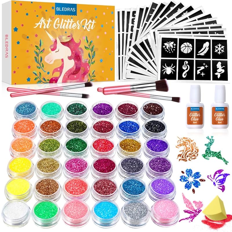 Glitter Tattoo Set, Bledras 36 Colors Kids Tattoo Set, 178 Stencils, 5 Brushes, 2 Glue, Flash Tattoo Kit for Girls, Boys and Adults, Carnival