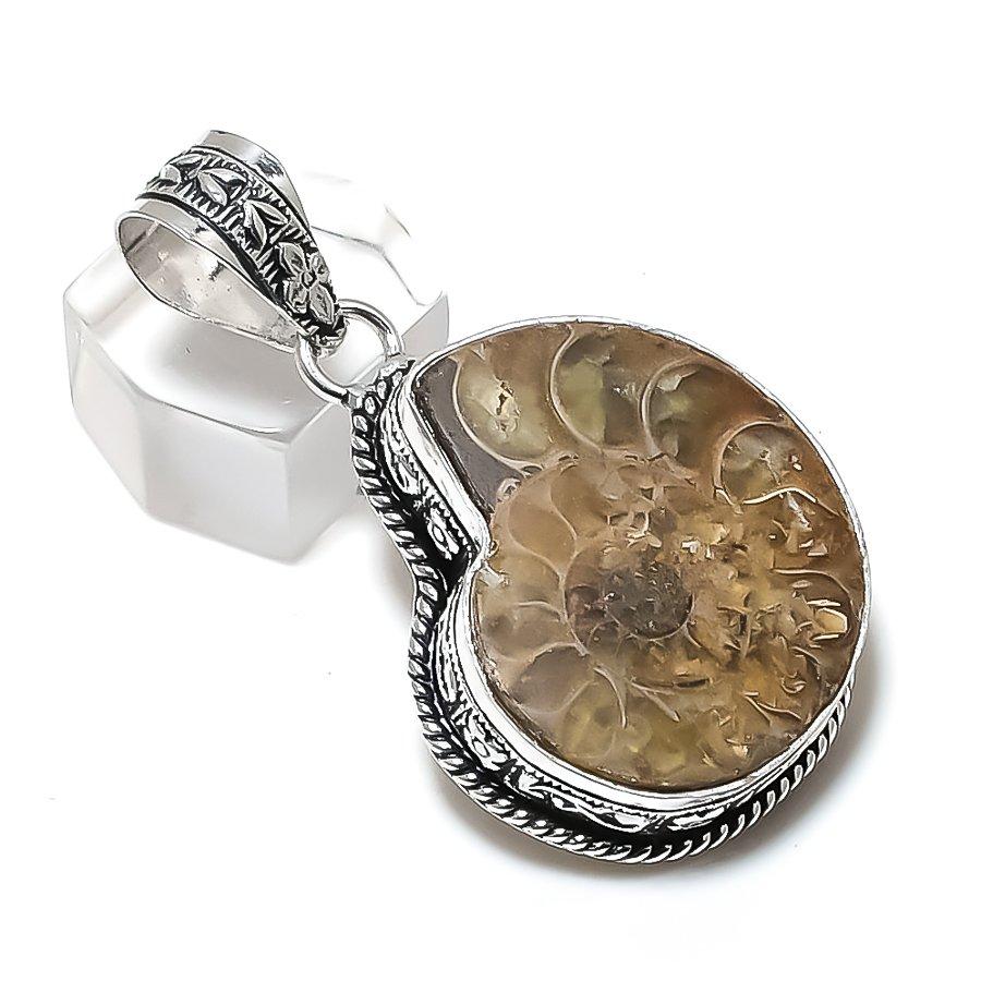 Ammonite Fossil Gemstone 925 Steling Silver Jewelry Pendant 1.97" O4D86