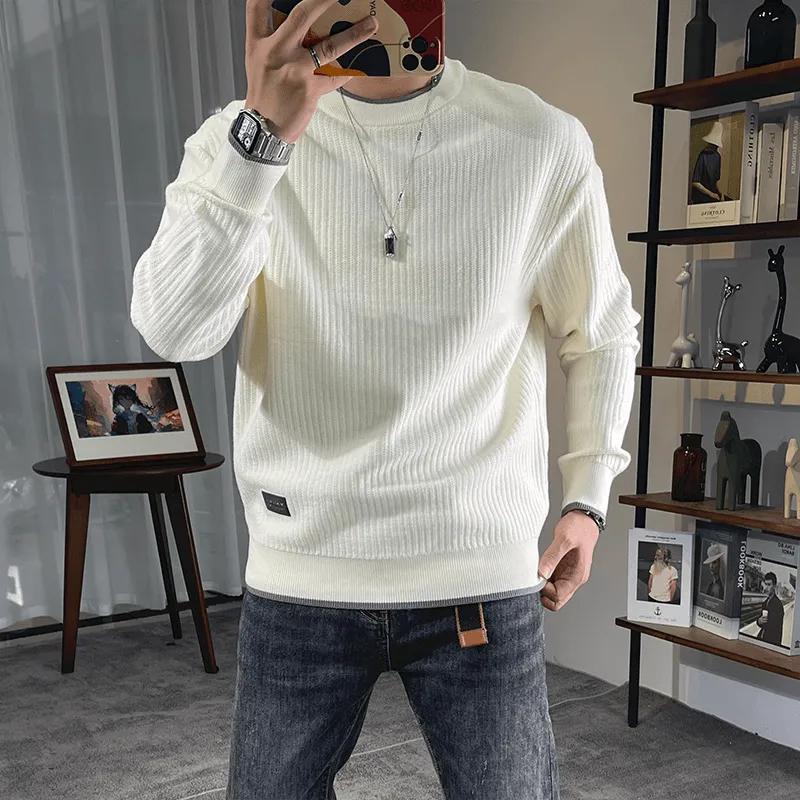 Круглый вырез мужской свитер Утолщенный свитер Осенне-зимняя мужская одежда Теплый универсальный свитер Тонкий модный брендовый хлопковый трикотаж