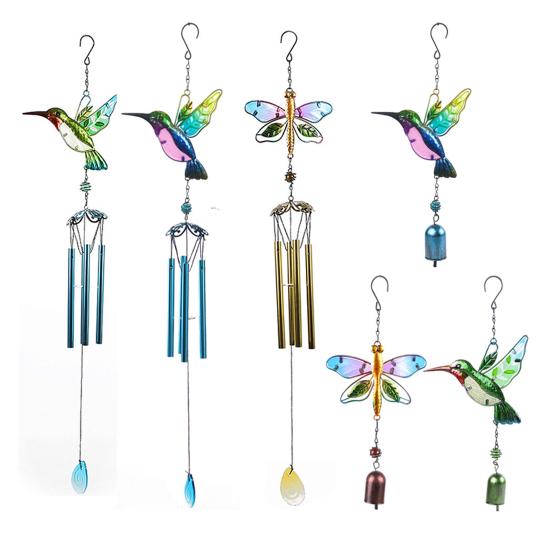 Stained Glass Wind Chime for Outside Handmade Dragonfly Hummingbird Metal Windchime for Outdoor Indoor Home Garden Patio Yard Window Decoration