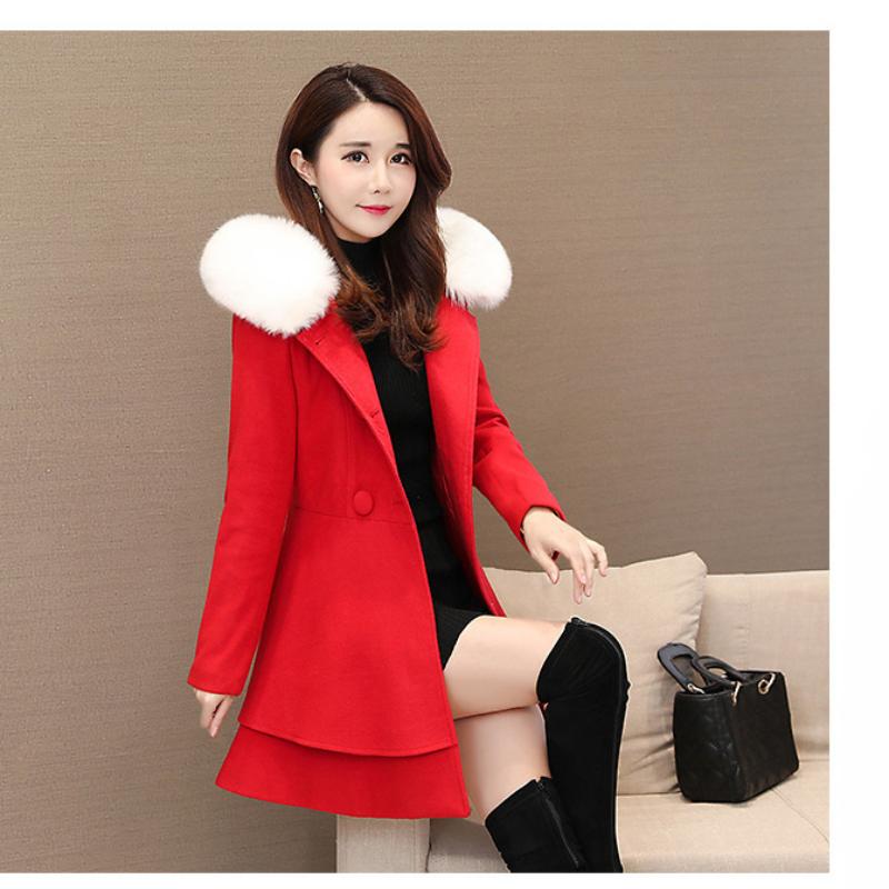 Women's Contrast Color Fur Collar Woolen Coat Nizi Coat Korean Style Slim Style