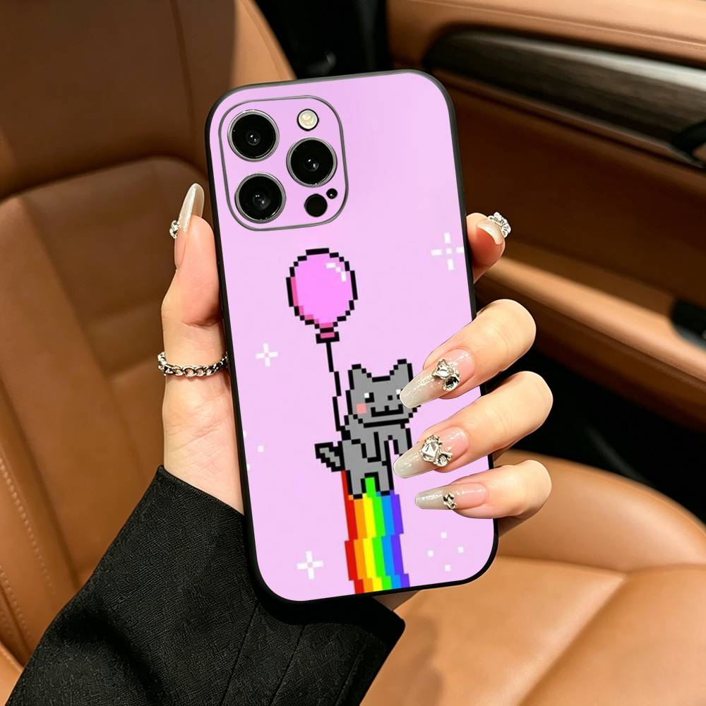 Милый Чехол-Кот N-Nyan -C- Для iPhone 12 13 14 15 16 17 Pro Max, Легкий и практичный Мягкий Черный Чехол