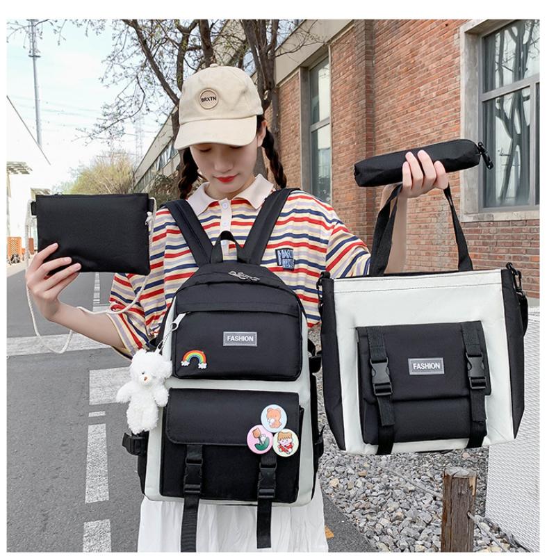 4pcs Primary School Backpack Secondary School Backpack Men's Women's 4-piece Set Solid Color Large Capacity Waterproof Casual Fashionable Backpack