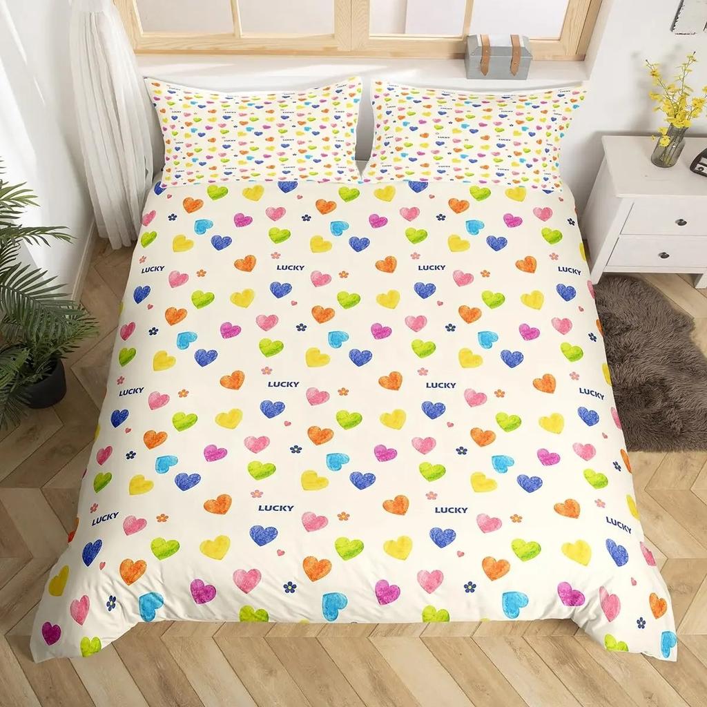 Red Valentine'S Day Rainbow Duvet Cover Twin Size,Cartoon Love Heart Bedding Set For Girls Women Moon Leaves Comforter Cover