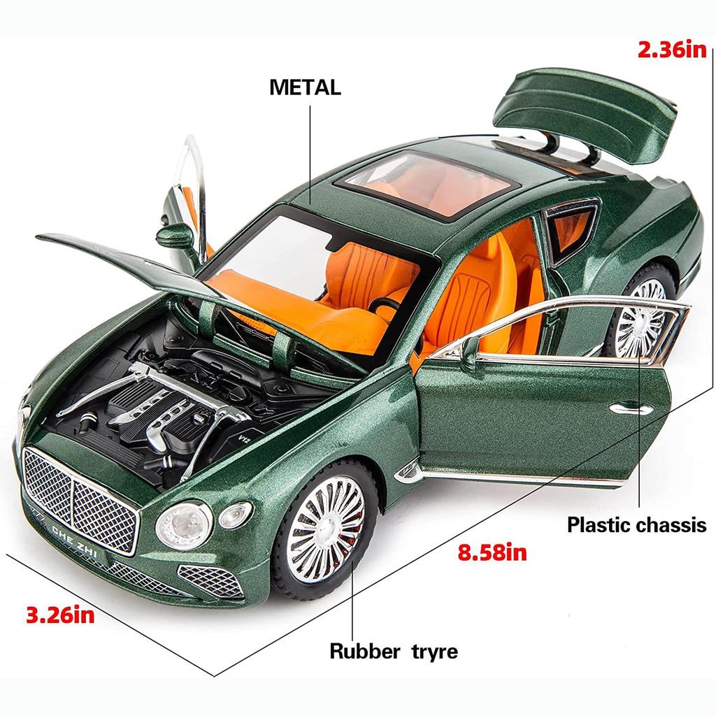1/24 Bentley Continental GT Model Car, Alloy Diecast Collectible Pull Back Car Toy, with Sound and Light, Door Can Be Opened for Boys Girls Gift