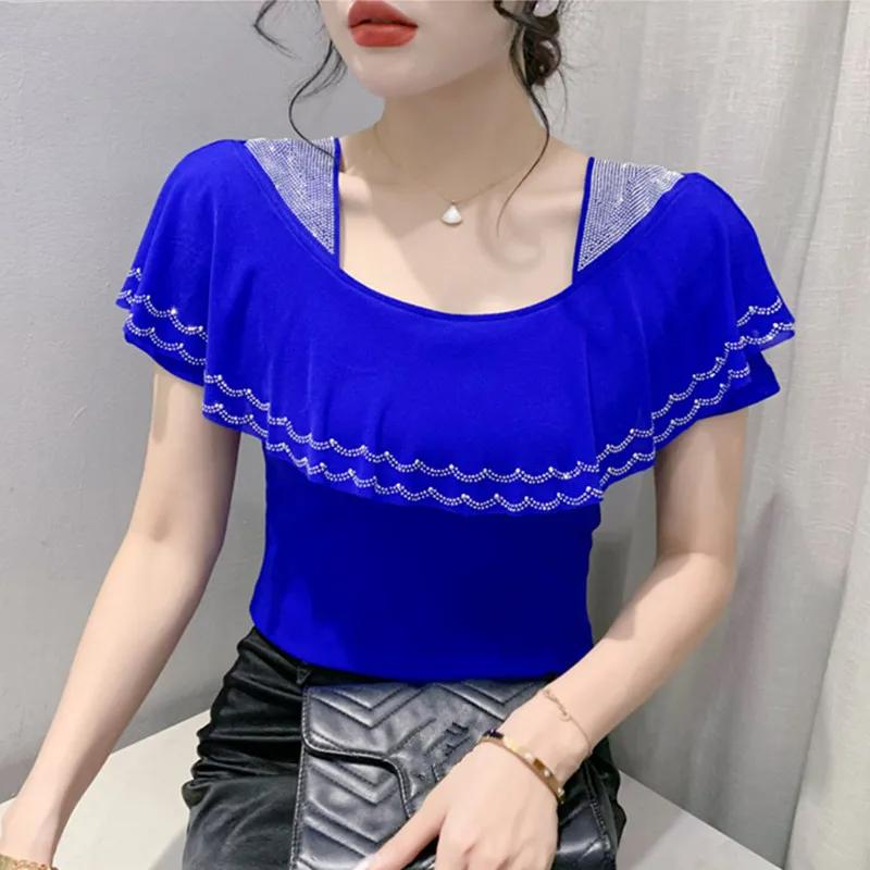 Summer Ruffles Hot Diamonds Square Collar T-Shirts Women Short Sleeved Mesh Tops Shirts Streetwear Girl Fashion Tees Blouse