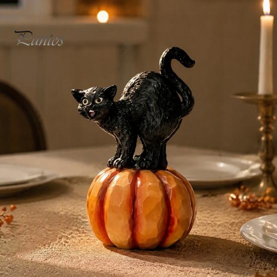 Черная кошка со скульптурой тыквы, Хэллоуинский орнамент, Винтажный стиль резьбы по дереву, Настольные украшения для дома, Смоляная фигурка, Жуткий декор для дома