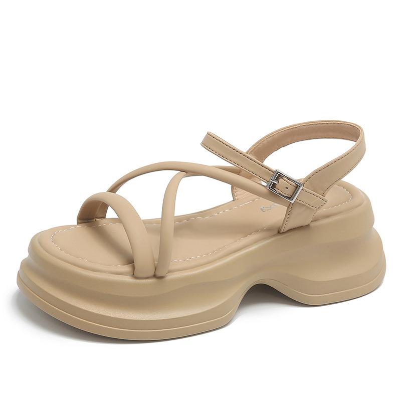 Французские ретро премиум сандалии женские лето 2024 новые однословная пряжка с платформой римские туфли пляжная обувь