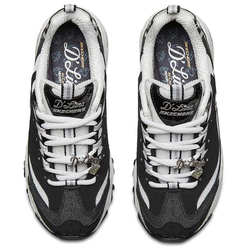 Skechers D'LITES 1.0 Женские кроссовки Panda 10-й юбилей Алмазный принт Толстая подошва Увеличение роста Низкие кроссовки Черно-белые 12241-BKW