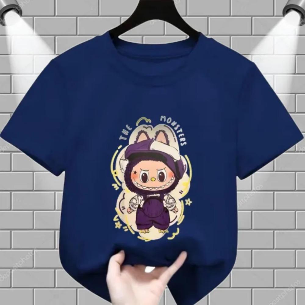 Летняя детская футболка с мультяшным принтом Labubu от художника, для девочки, с круглым вырезом, с короткими рукавами, повседневная, разноцветная, детский топ