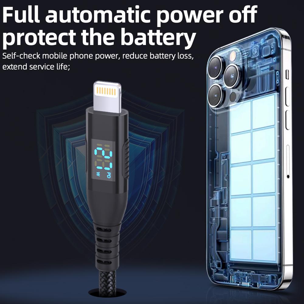 2m USB C to Lightning Cable Digital Display PD 27W Fast Charging Nylon Braided Cord