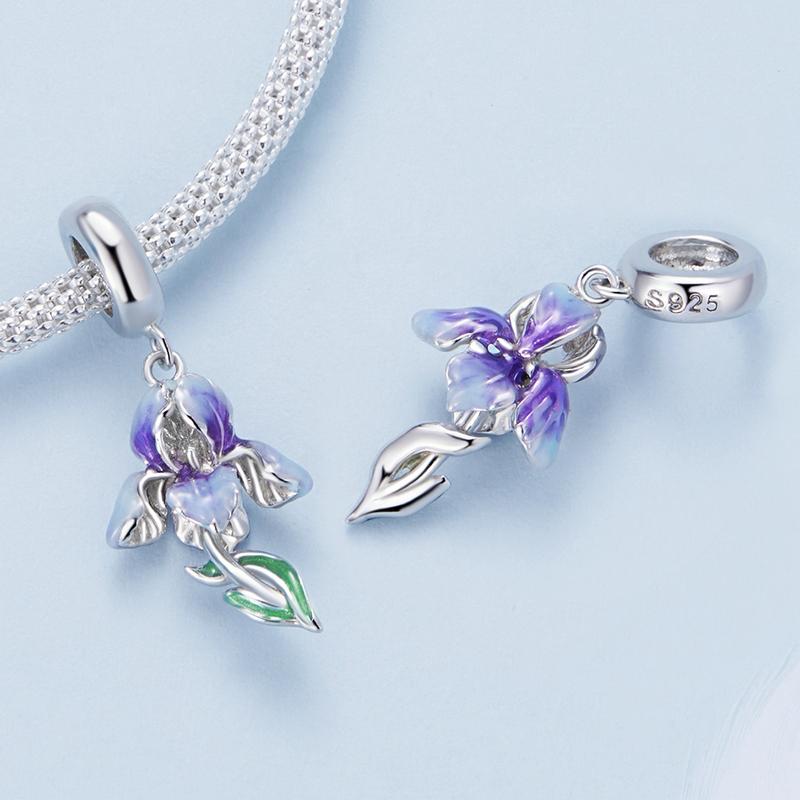 BAMOER Стерлингового Серебра 925 пробы Цветок Ириса Висячие Бусины Фиолетовый Постепенный Эмаль Подвески для Женщин Браслет и Ожерелье Ювелирные Изделия DIY