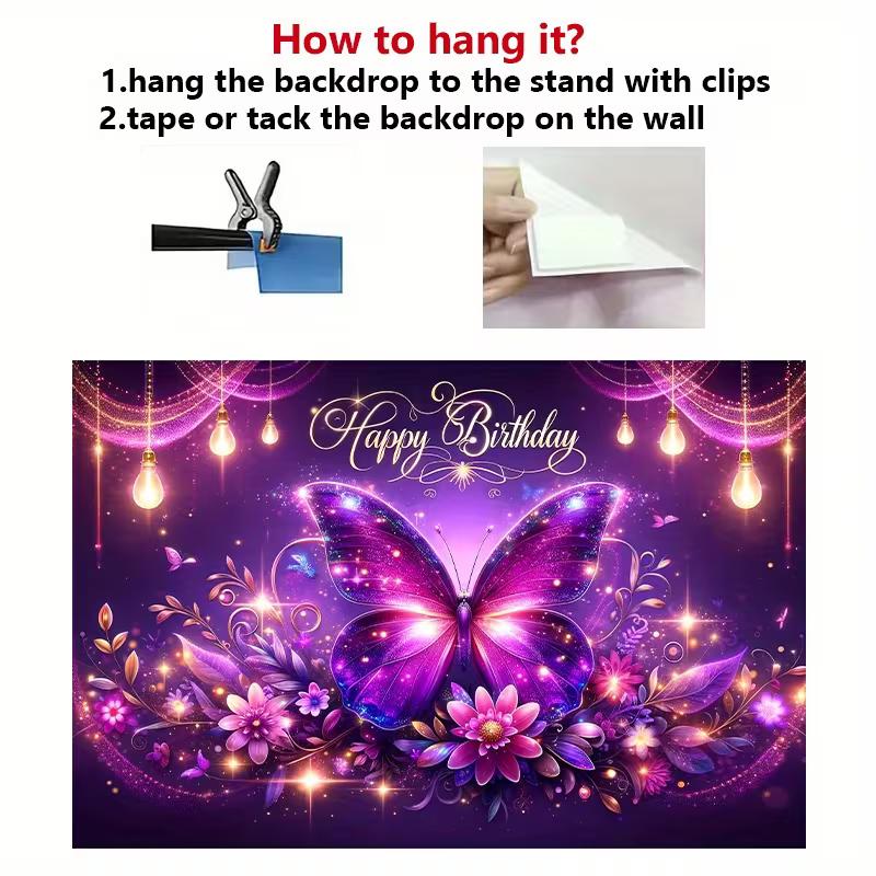 2D Glowing Butterfly Birthday Backdrop Purple Sparkle Floral Party Photo Booth Prop