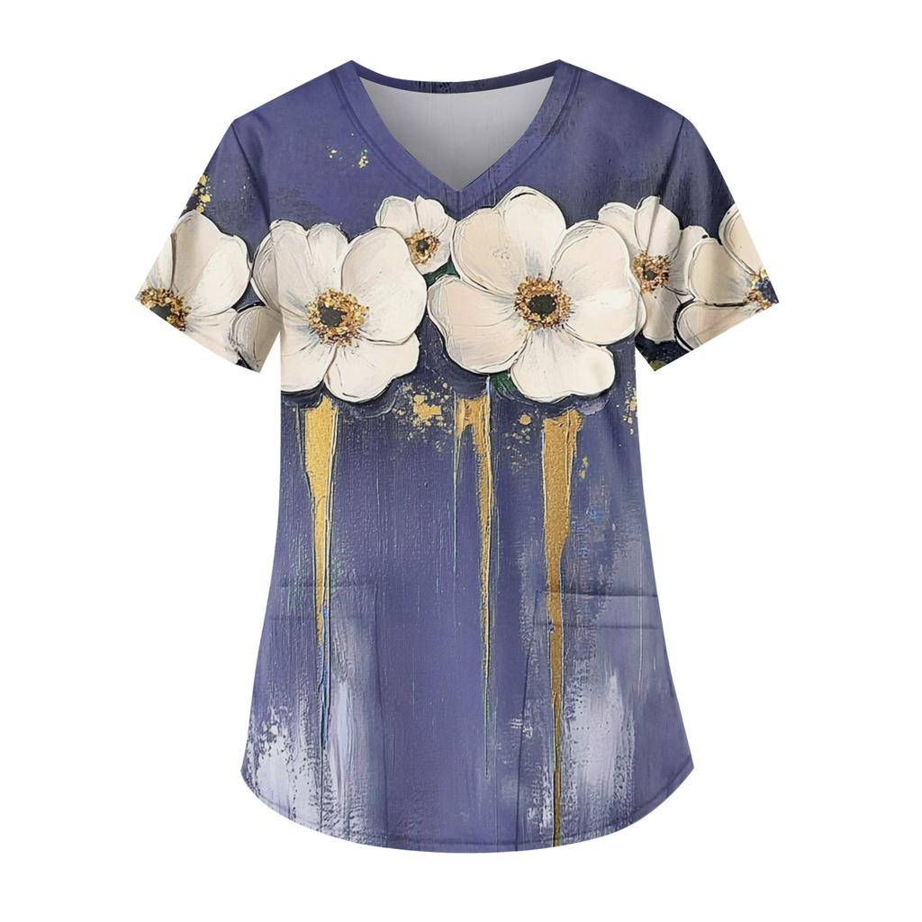 Рабочая форма больших размеров с принтом, топы для женщин, забавные футболки с v-образным вырезом и короткими рукавами, рабочая одежда, футболка с карманами