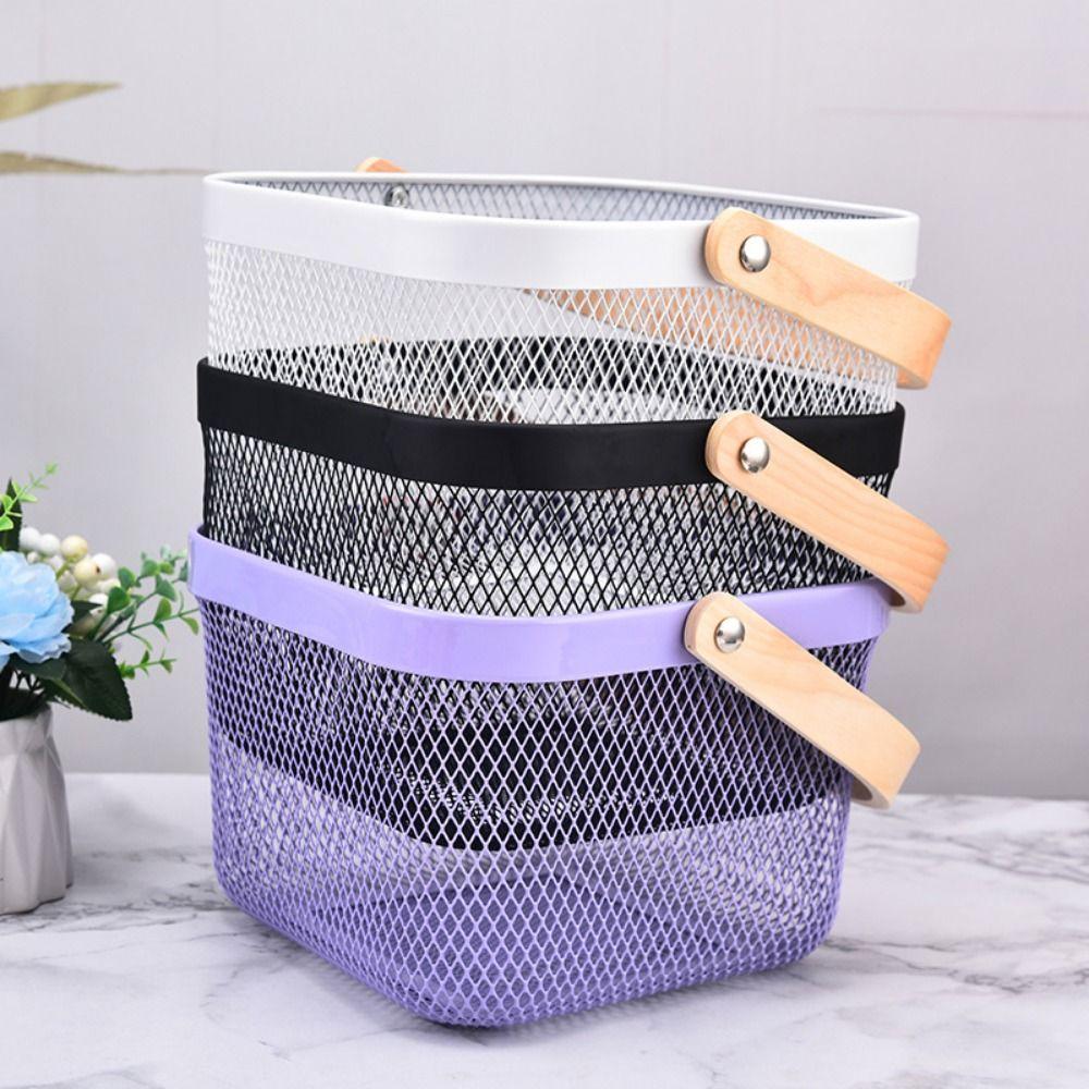 Solid Color Storage Organizer Basket Bamboo Handle Hanging Kitchen Baskets Picnic